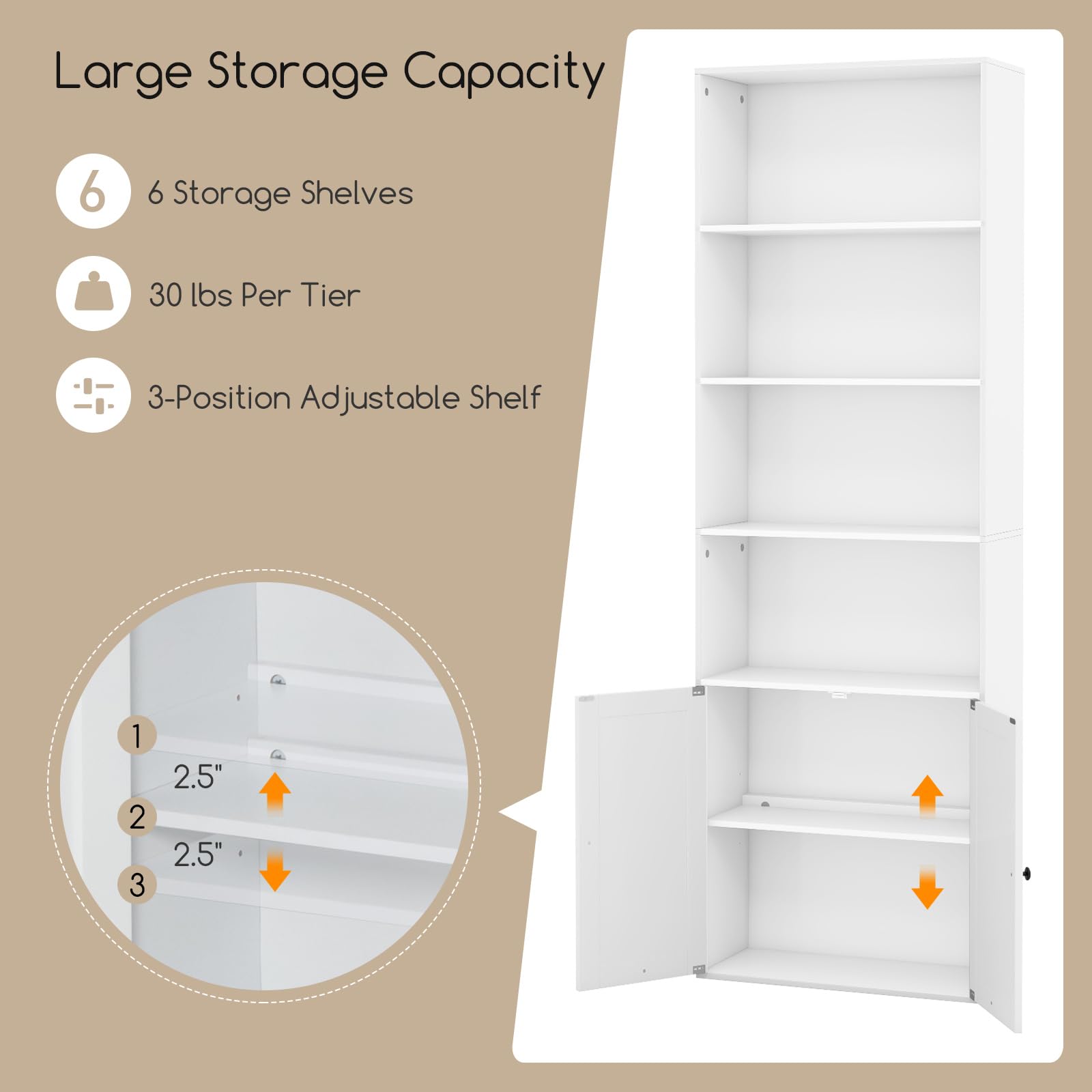 Tangkula Tall Bookcase with Doors, Farmhouse 71" H Freestanding Bookshelf with 6 Shelves & 2-Door Cabinet