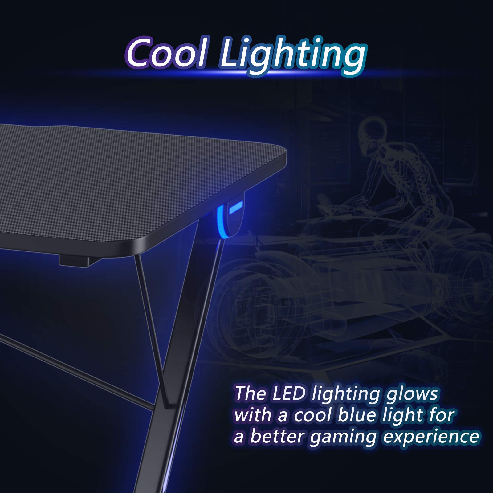 Tangkula Gaming Computer Desk, Z-Shaped Home Office Computer Table with LED Lights & Large Carbon Fiber Surface