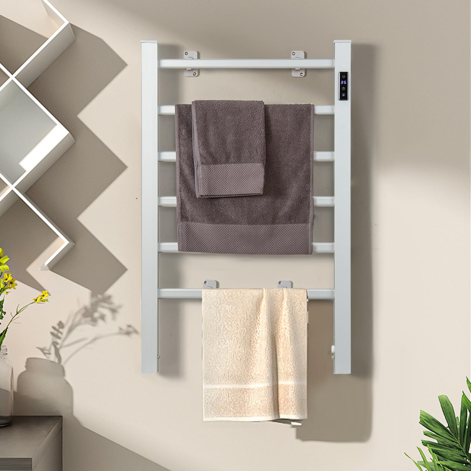 Tangkula Freestanding & Wall Mounted Towel Warmer, 6 Bars Heated Towel Rack w/ 8H Timer & LED Display