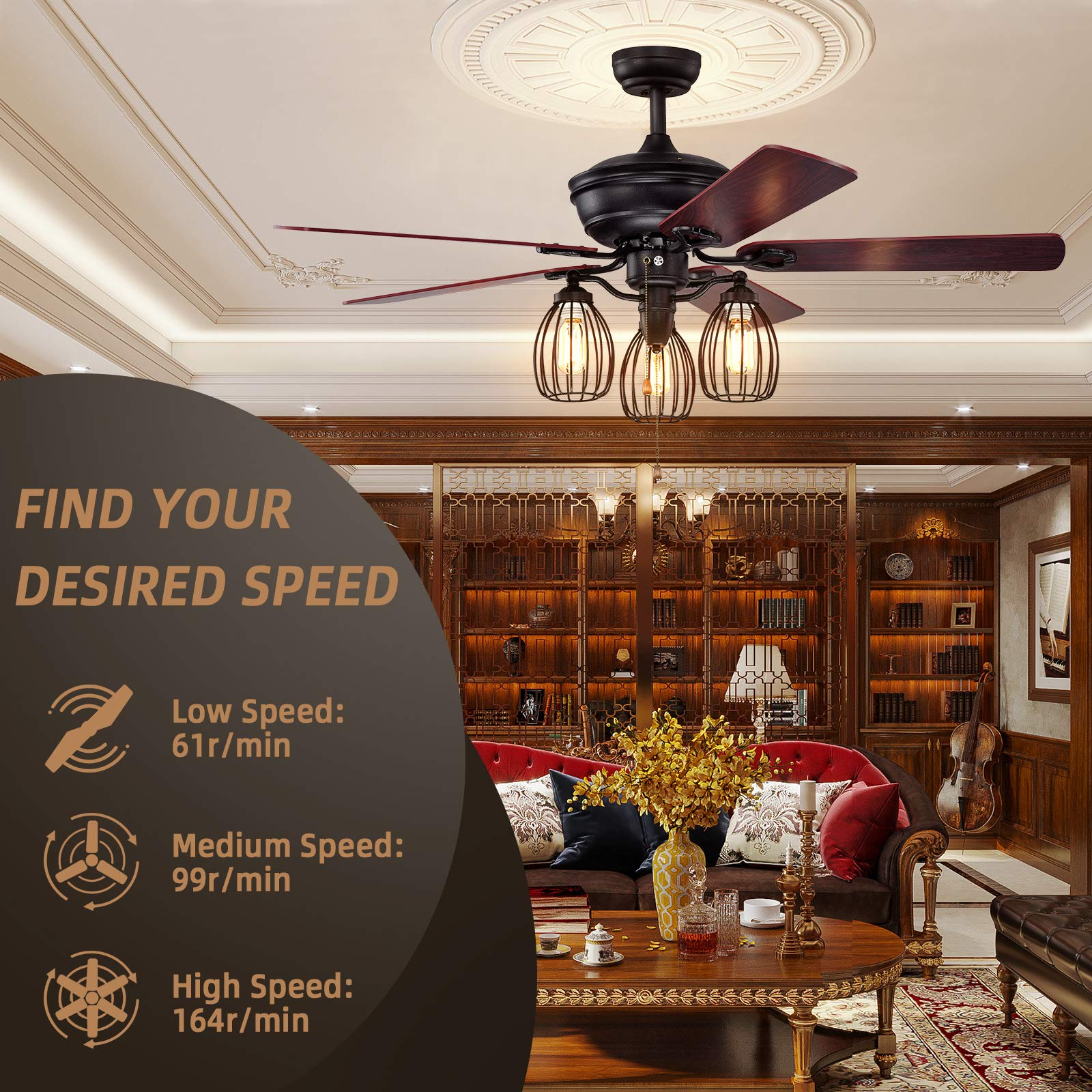 Tangkula 52-Inch Ceiling Fan with Lights, Industrial Ceiling Fan w/ 5 Iron Blades & 3 Cage Lights