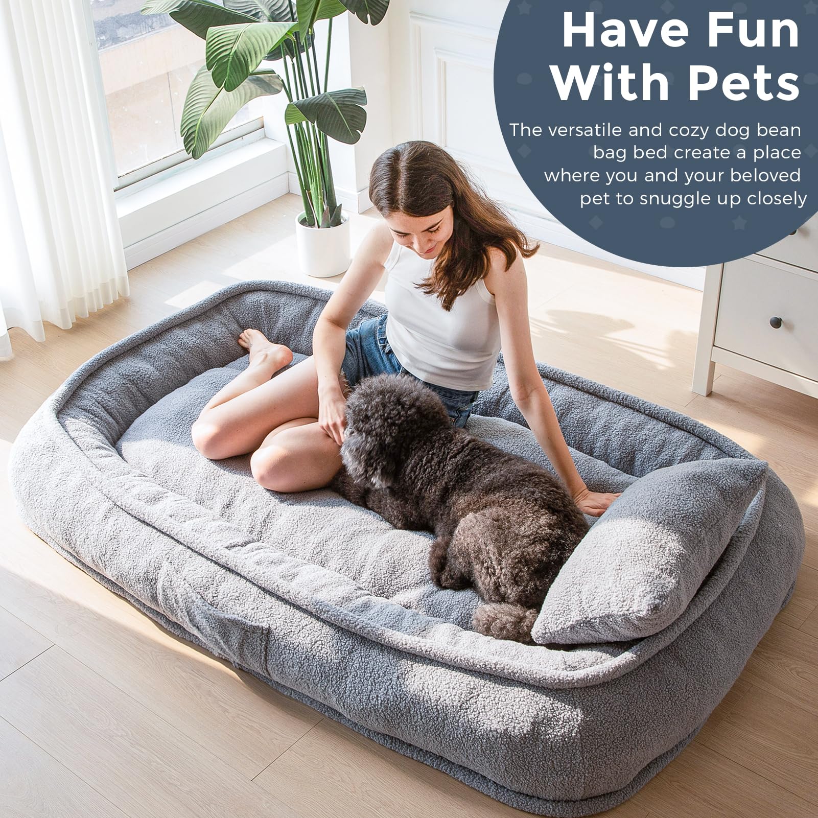 MAXYOYO Human Dog Bed with Pillow, Giant Bean Bag Bed for Adults, Grey, 72.8"x45.3"x12"