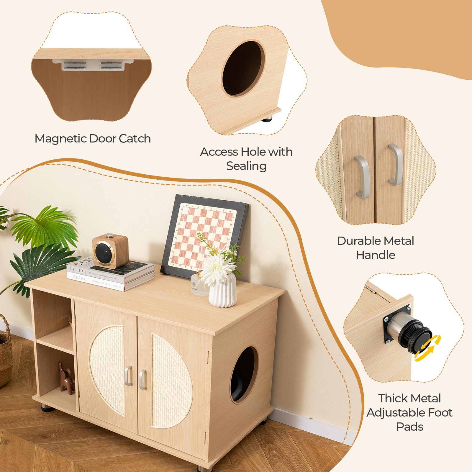 Tangkula Cat Litter Box Enclosure, Hidden Cat Washroom with Storage Shelf, Sisal Scratching Doors