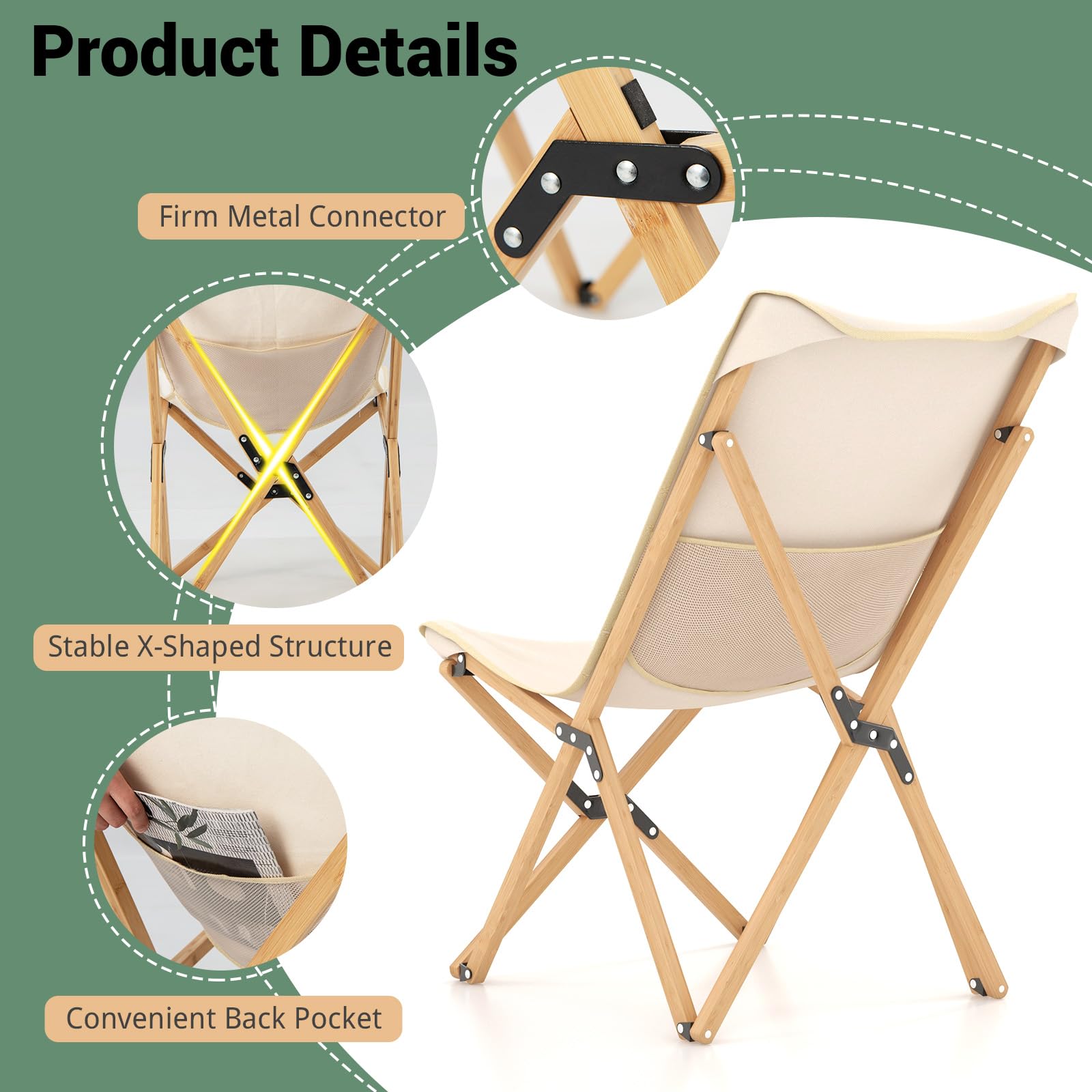 Tangkula Camping Chairs 2 Pack, Portable Folding Lawn Chair with Solid Bamboo Frame, Ultralight Canvas Seat