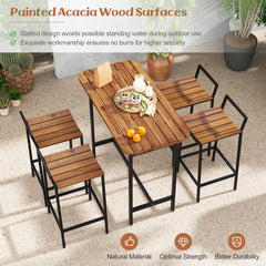 Tangkula 5 Piece Acacia Wood Bar Table Set, Outdoor Bar Height Table & Chairs with Metal Frame & Footrest