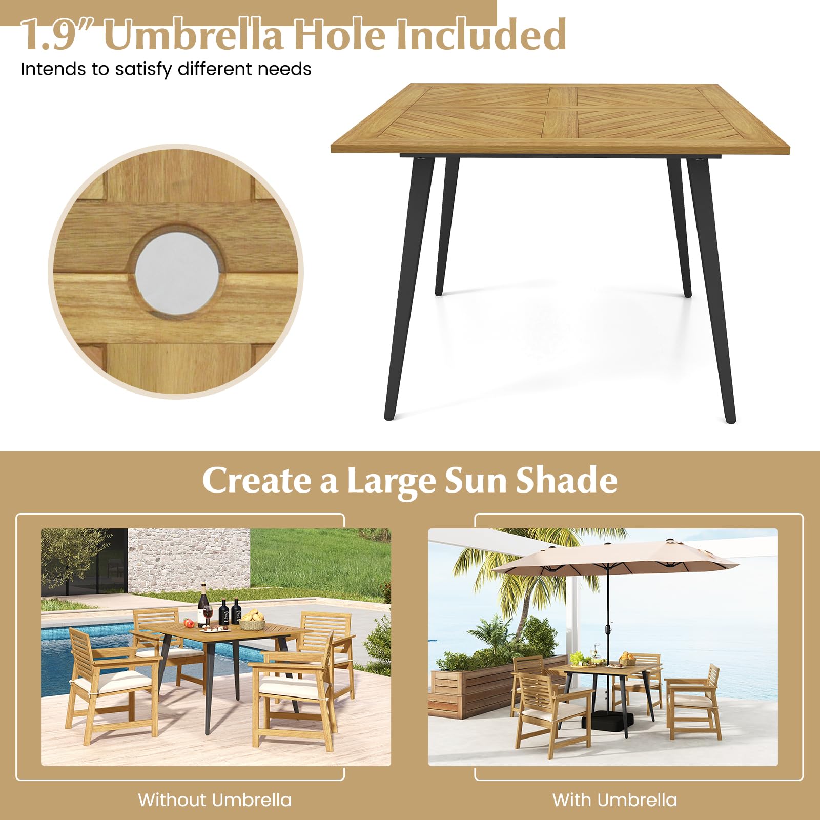 Tangkula 4-Person Outdoor Dining Table, 42.5” Acacia Wood Patio Table with 1.9” Umbrella Hole