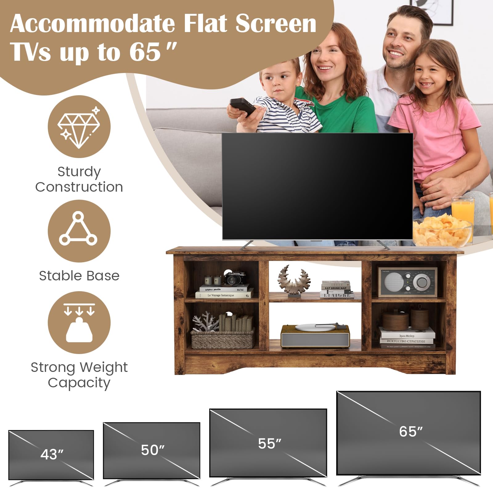 Tangkula TV Stand for up to 65" Flat Screen TVs, 58" Media Entertainment Center w/Adjustable Shelves