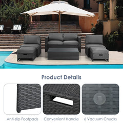 6 Pieces Patio Rattan Furniture Set, Patiojoy No Assembly Outdoor Conversation Set