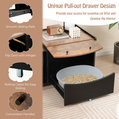 Tangkula Litter Box Enclosure, Hidden Cat Washroom with Pull-Out Drawer, Rolling Caster, Flip Door (Black+Rustic Brown)