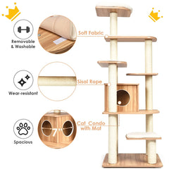 Tangkula Modern Wood Cat Tree, 69-Inch Cat Tower with Multi-Layer Platform, Cat Activity Tree with Sisal Rope Scratching Posts