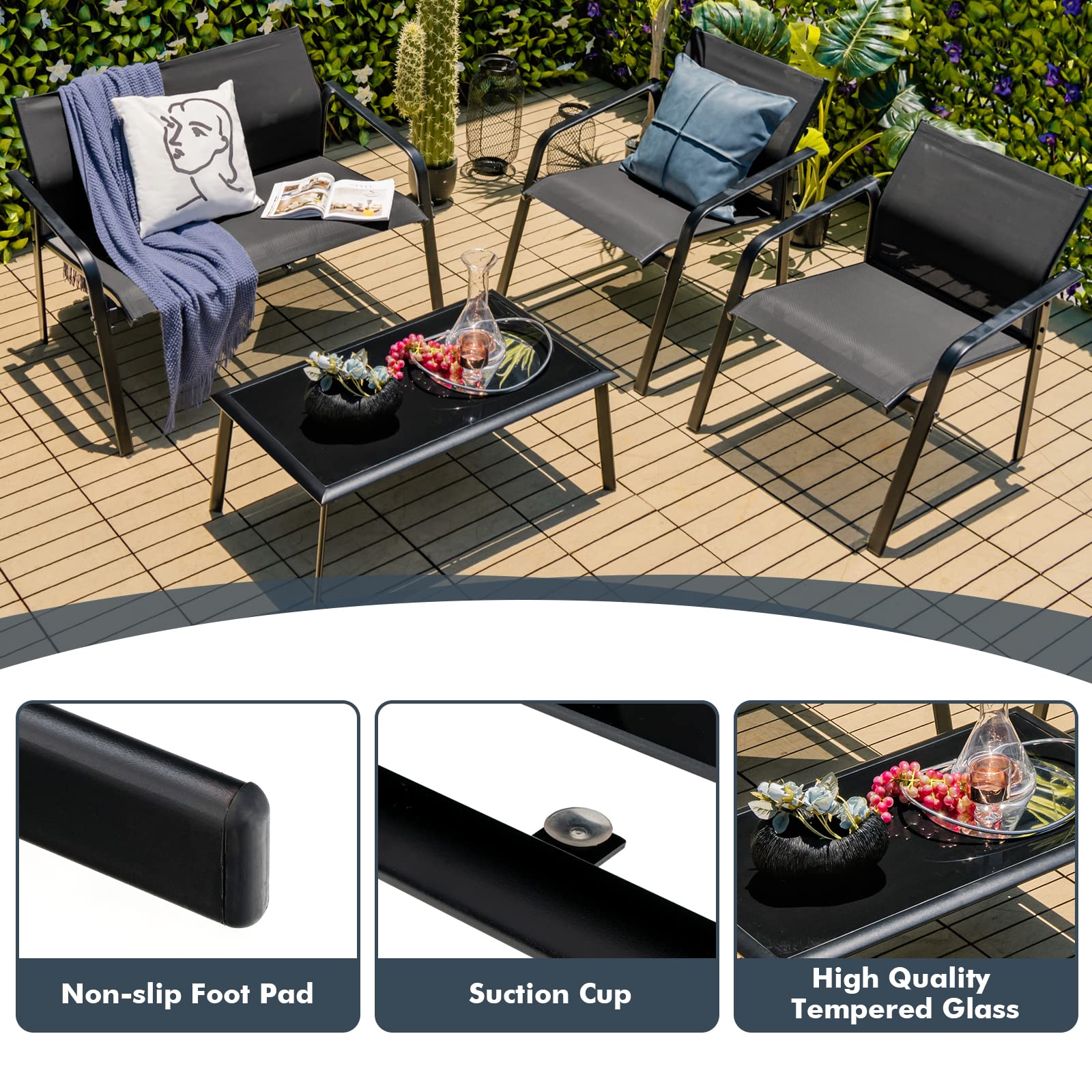 Tangkula 4 Pieces Patio Furniture Set, Outdoor Conversation Set with Tempered Glass Coffee Table