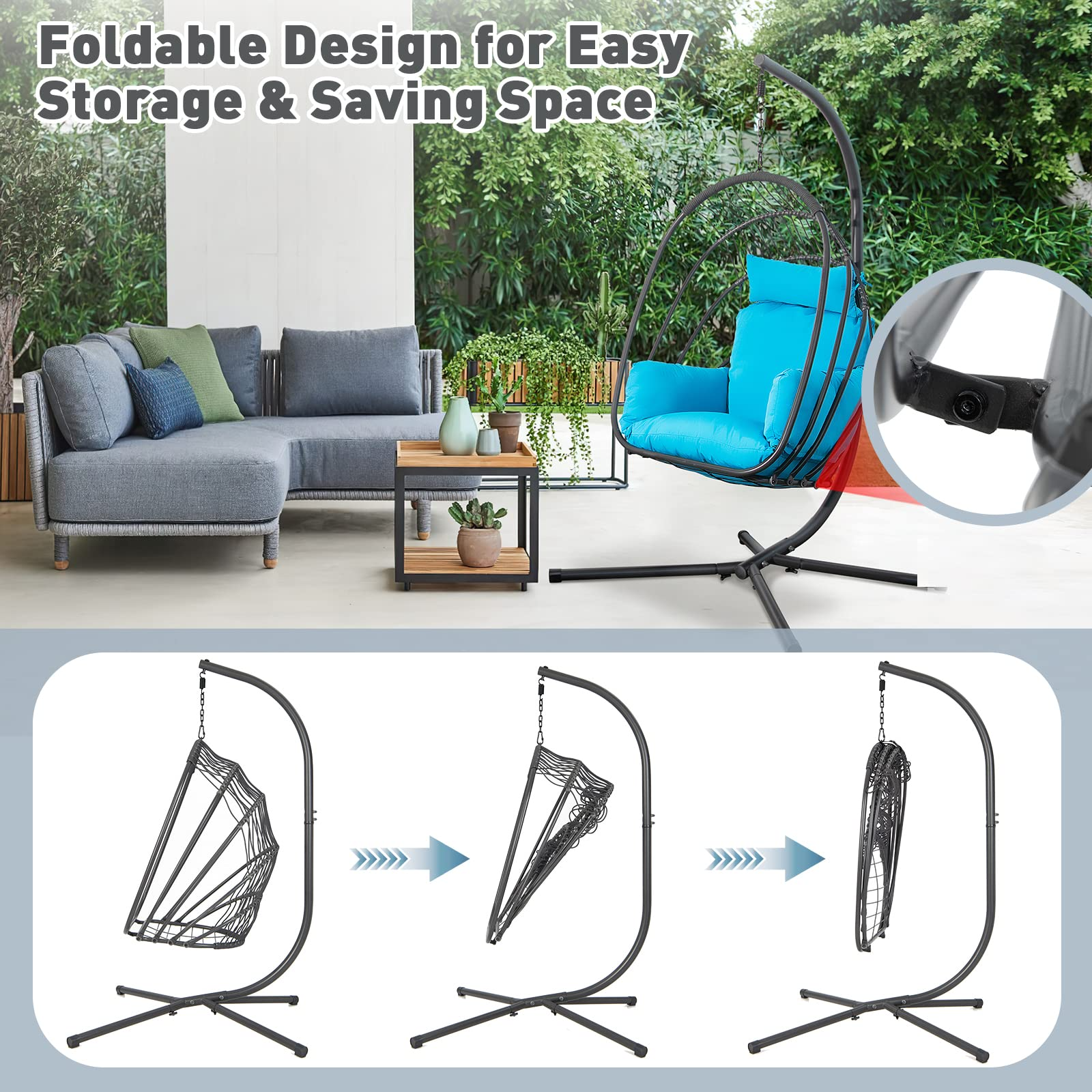 Tangkula Patio Egg Chair with Stand, Hanging Egg Swing Chair with Removable Pillow & Cushion