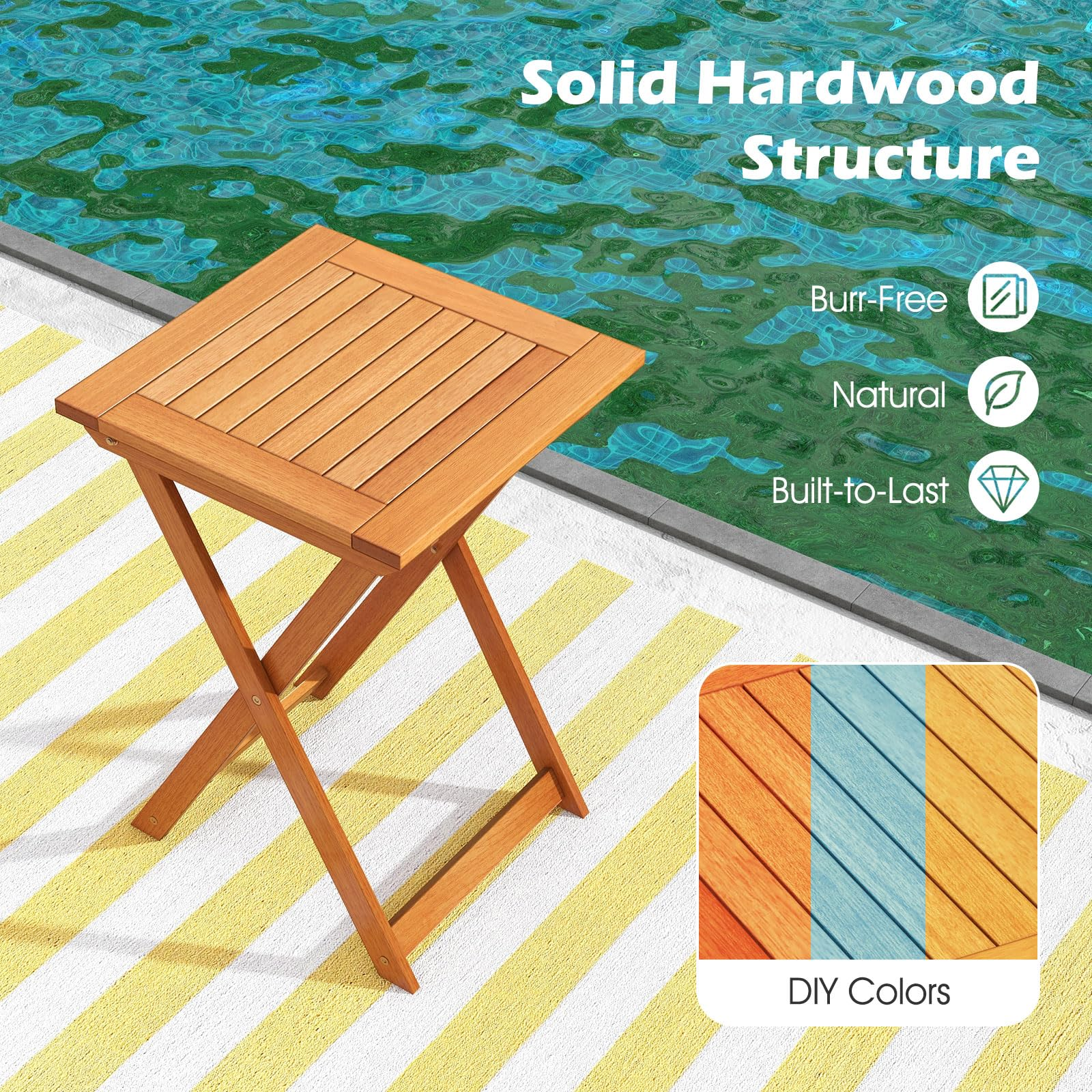 Tangkula 20 Inch Patio Folding Table, Outdoor Hardwood Bistro Table with Slatted Tabletop, Square Wood Foldable Table for Backyard