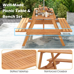 Tangkula Picnic Table with 2 Benches, Outdoor Hardwood Picnic Table Bench Set with 2-Inch Umbrella Hole, Slatted Tabletop & Seat