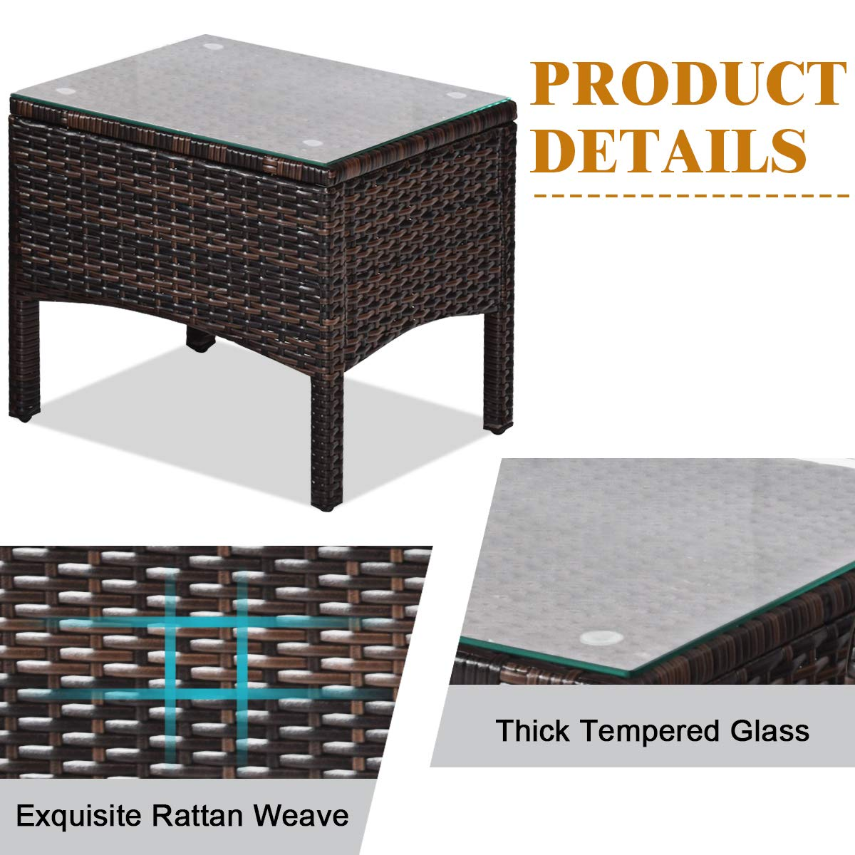 Tangkula 3 Piece Outdoor Patio Furniture Set, Wicker Chairs Set with Glass Top Coffee Table