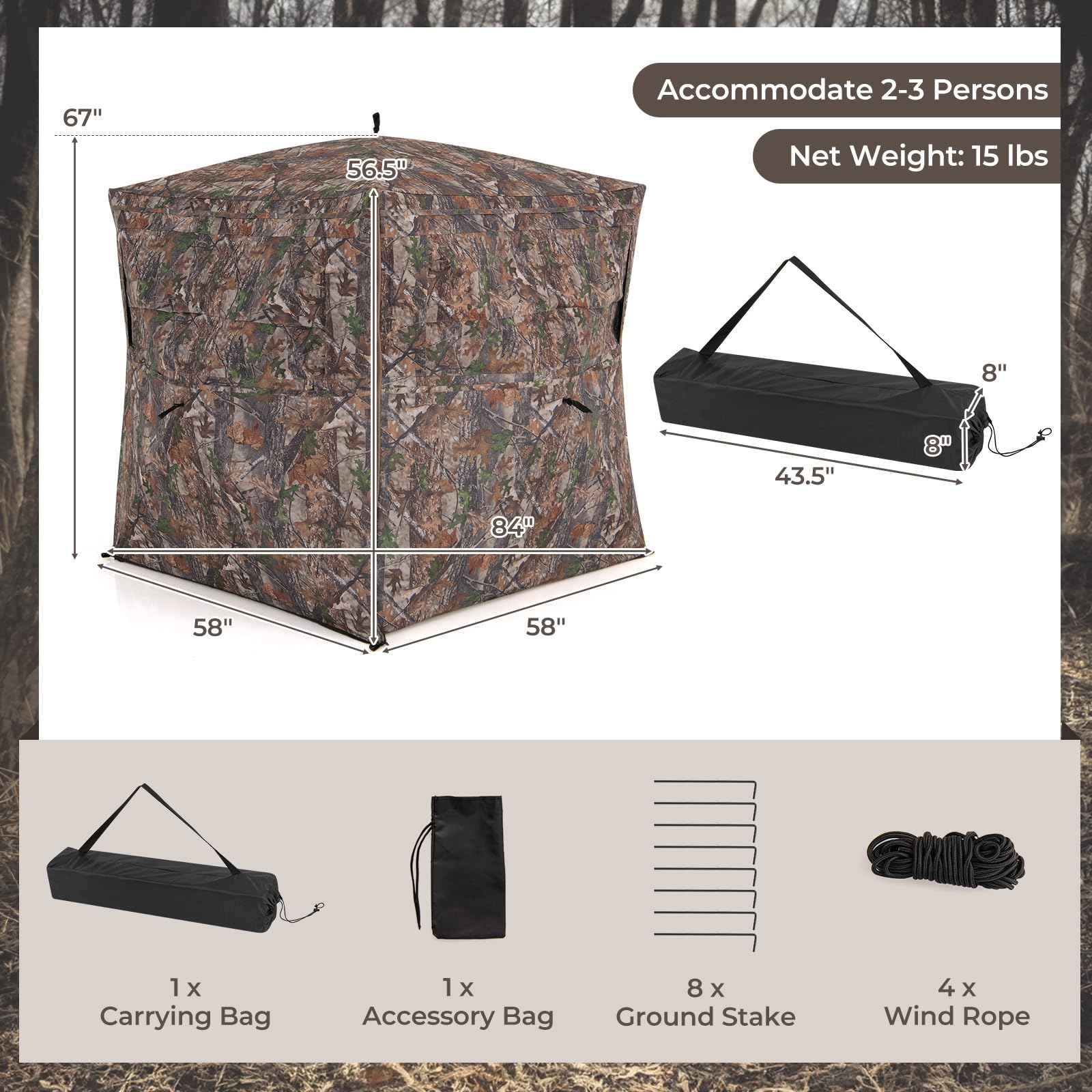 Tangkula Hunting Blind, 2-3 Person 360 Degree One-Way See-Through Ground Blind with Full-Open Door & Sliding Windows