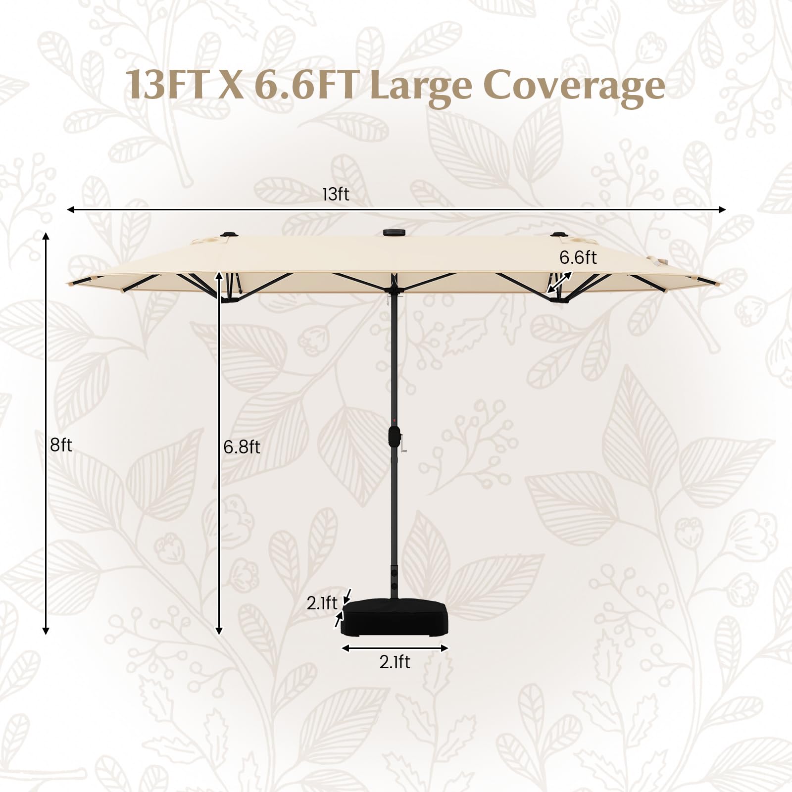 Tangkula 13FT Double-sided Patio Umbrella with Solar Lights, Large Twin Table Umbrella with Crank Handle