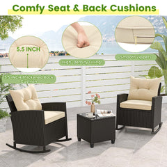 Tangkula 3 Piece Wicker Rocking Set, Patio Rattan Roker Chairs with Tempered Glass Table & Soft Cushions