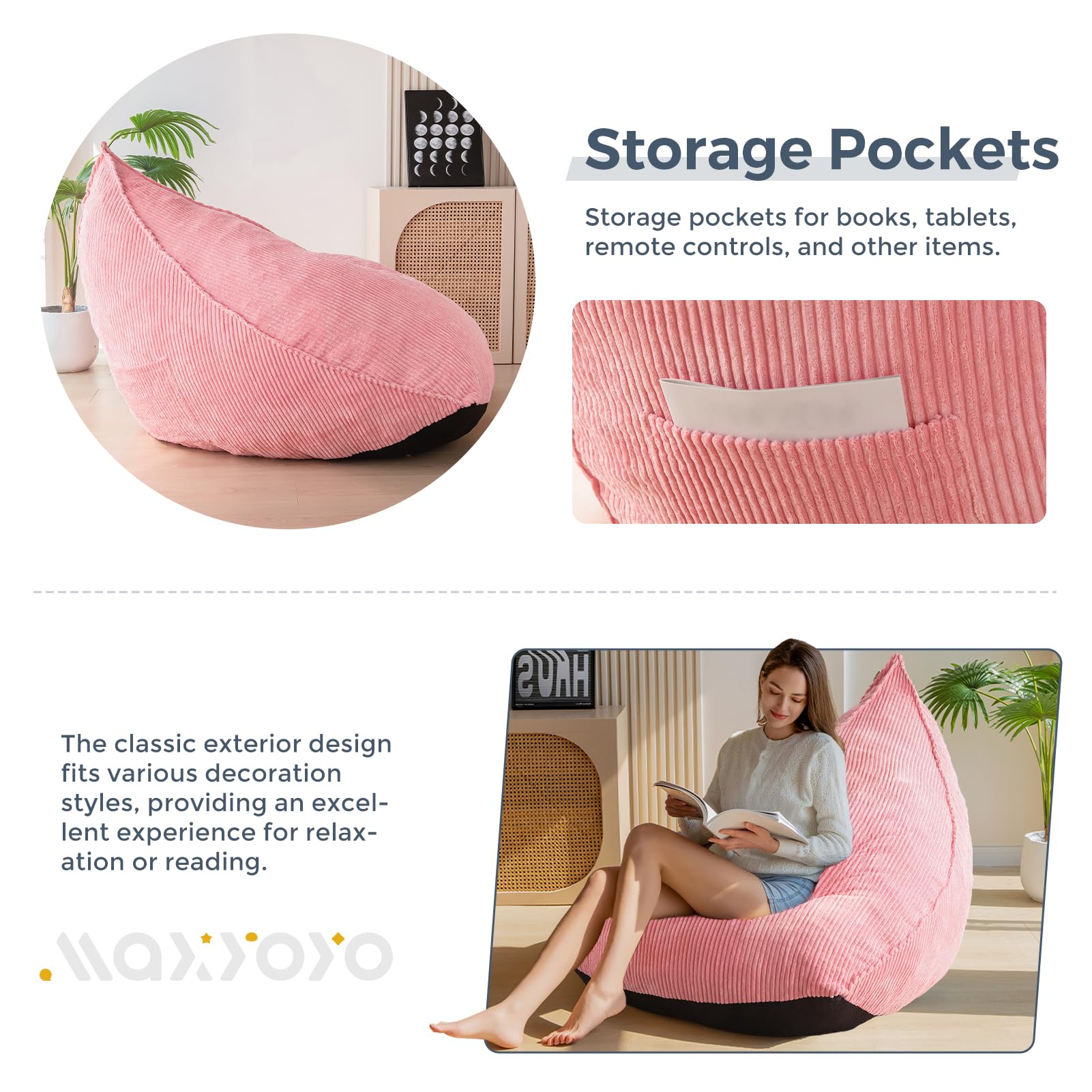 MAXYOYO Corduroy Bean Bag Chairs for Adult, Bean Bag Couch with Filler, Soft Lazy Sofa 43"x41"x35", Pink