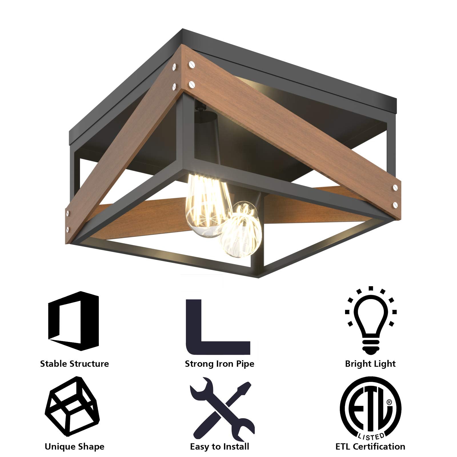 Flush Mount Ceiling Light, Rustic Flush Mount Light with Iron & Wood Square Shade & 2 Angle Adjustable Lights