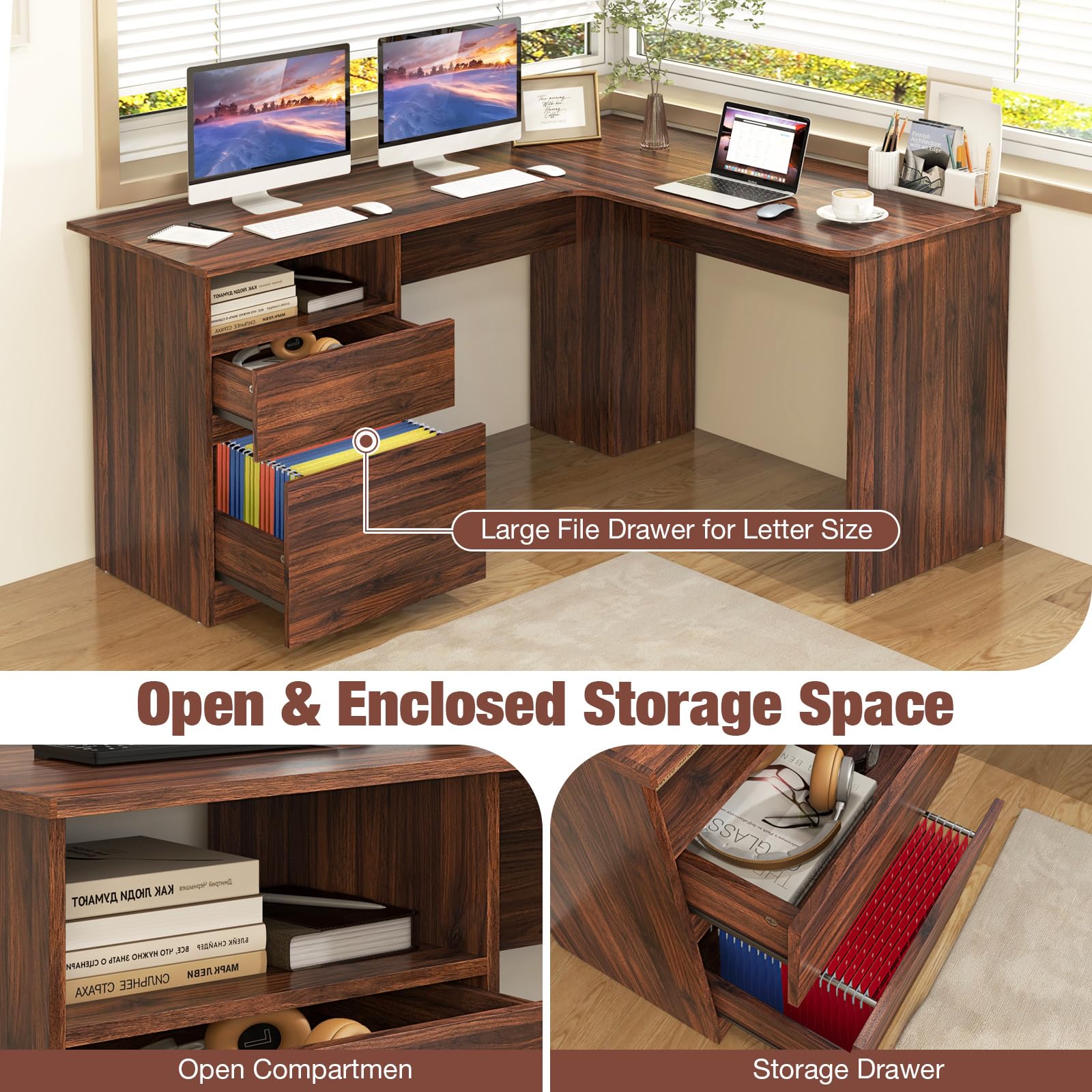 Tangkula L-Shaped Desk with 2 Storage Drawers, 59” Corner Computer Desk with File Drawer & Open Shelf