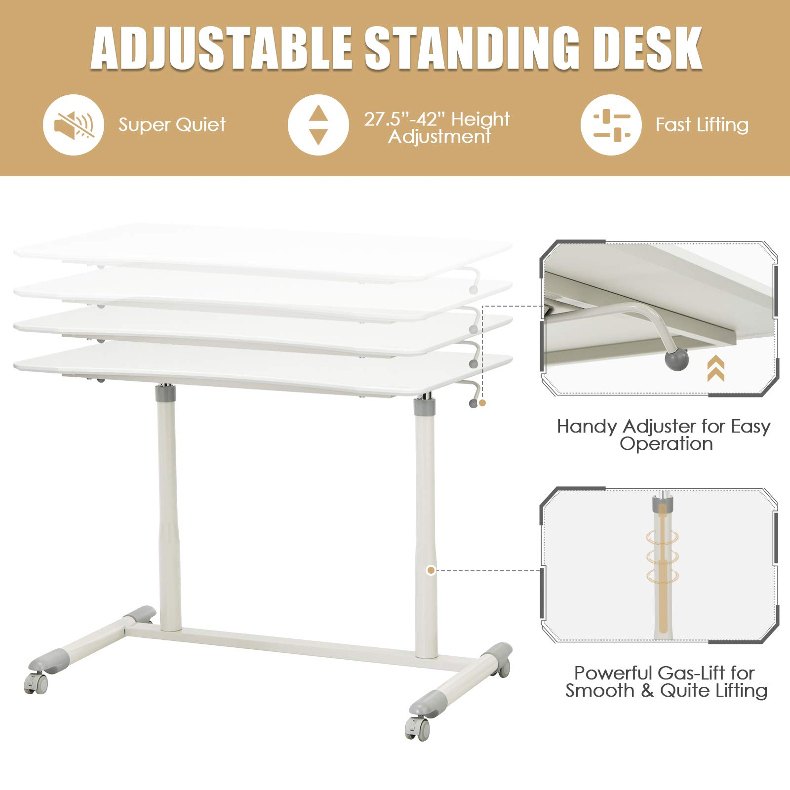 Tangkula Mobile Computer Desk with Steel Frame, Small Height Adjustable Rolling Compact Stand Up Desk on Wheels