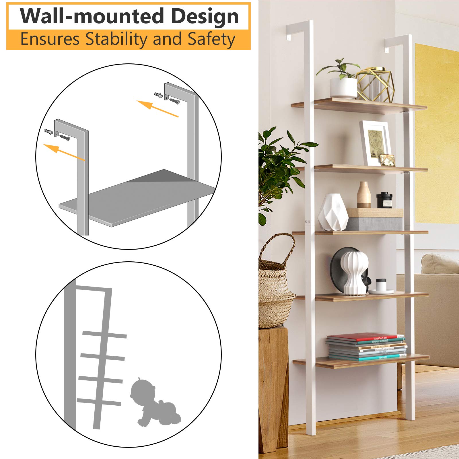 Tangkula Industrial Ladder Shelf Against The Wall, 5-Tier Wall Mount Ladder Bookshelf with Metal Frame