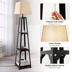 Tangkula Shelf Floor Lamp, Modern Wood Square Standing Lamp with 3 Tiers Shelves and Linen Shade