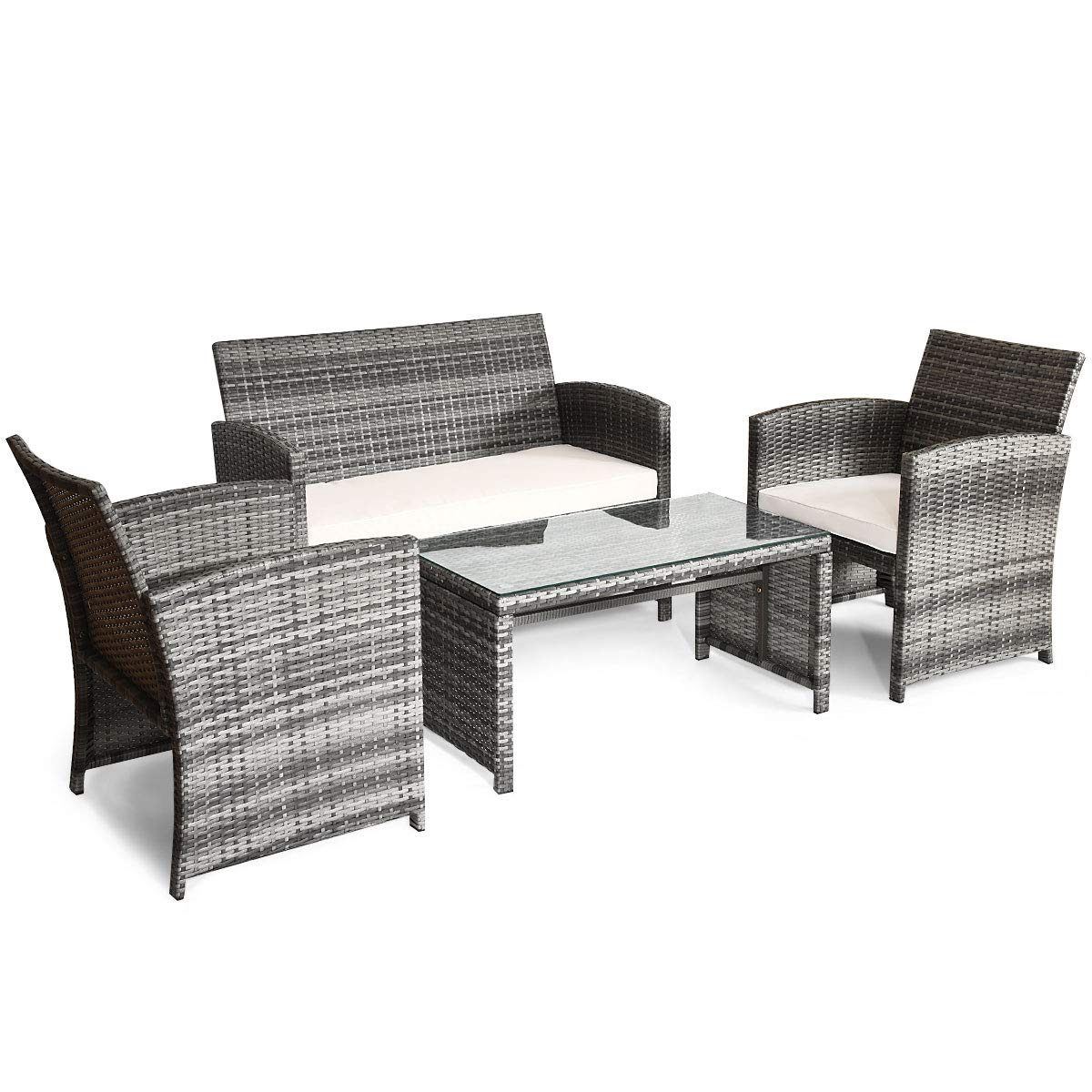 Tangkula 4 PCS Wicker Patio Conversation Set, Outdoor Rattan Sofas with Table Set