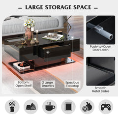 Tangkula LED Coffee Table with 2 Drawers, High Glossy Modern Center Table