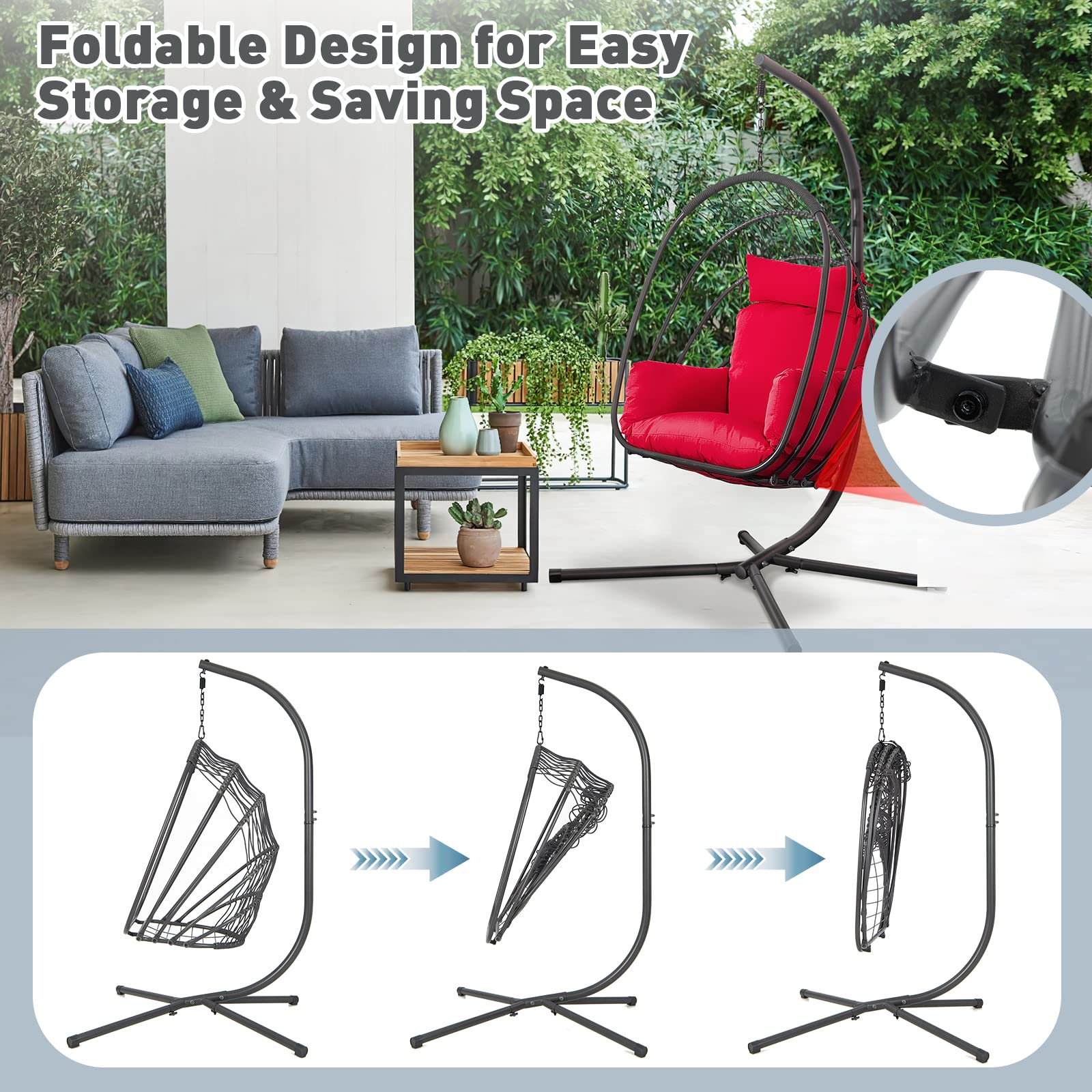 Tangkula Patio Egg Chair with Stand, Hanging Egg Swing Chair with Removable Pillow & Cushion