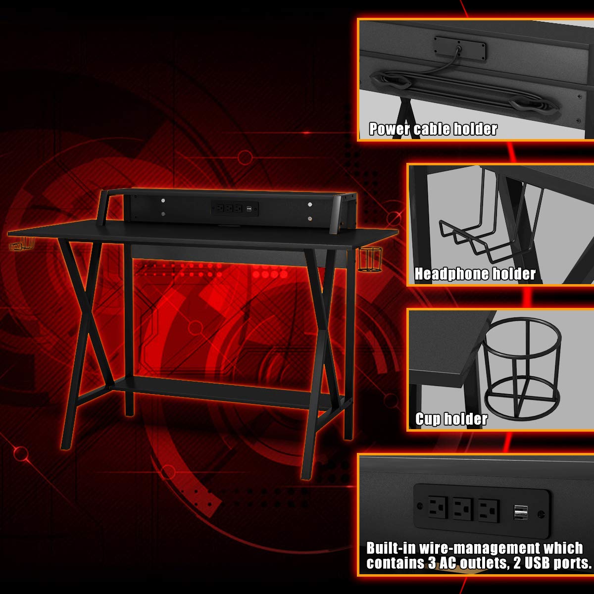 Tangkula Gaming Computer Desk with Monitor Shelf, Gaming Table Workstation with Cup Holder