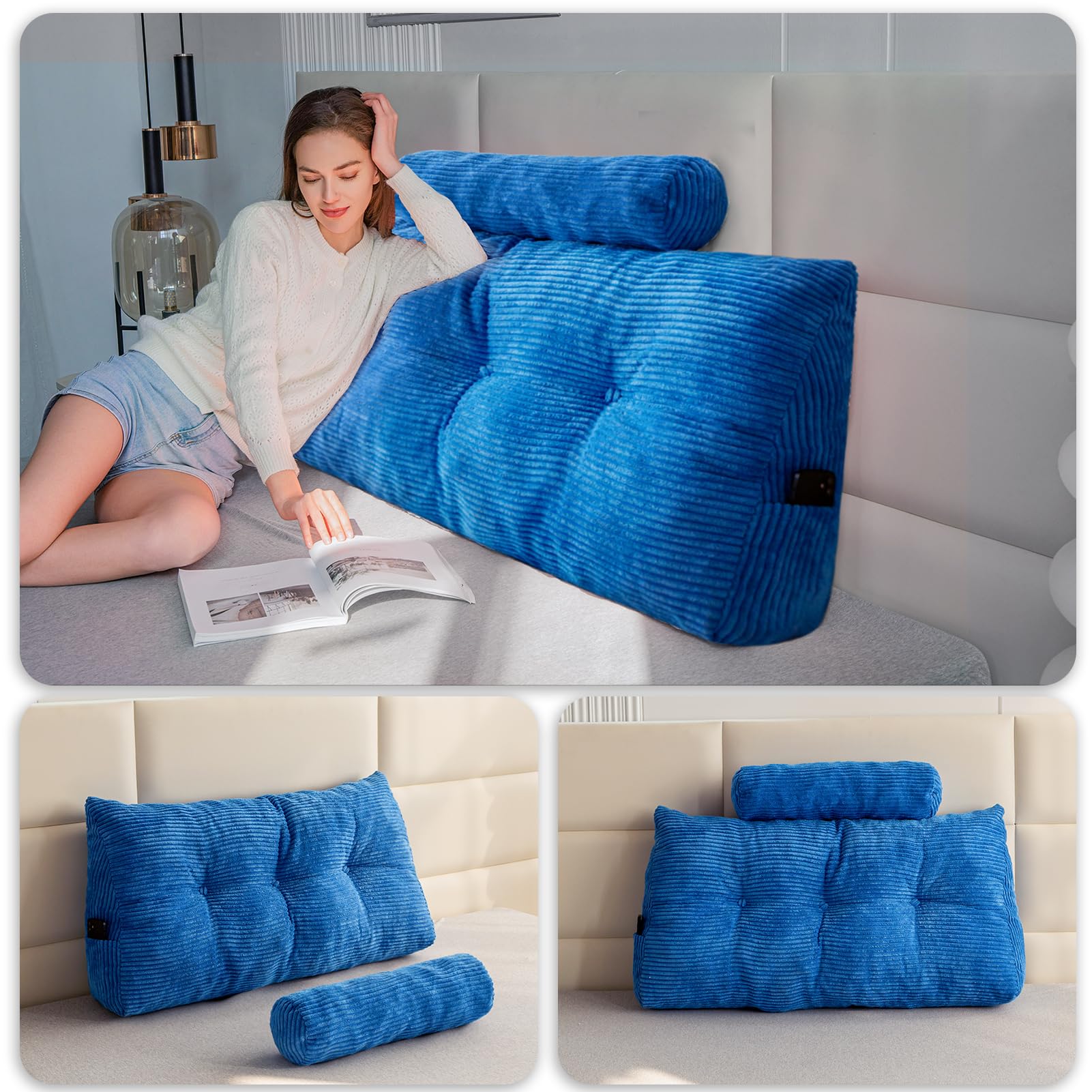 MAXYOYO Headboard Wedge Pillow with Free Cylindrical Pillow Bed Wedge Bolster, Blue