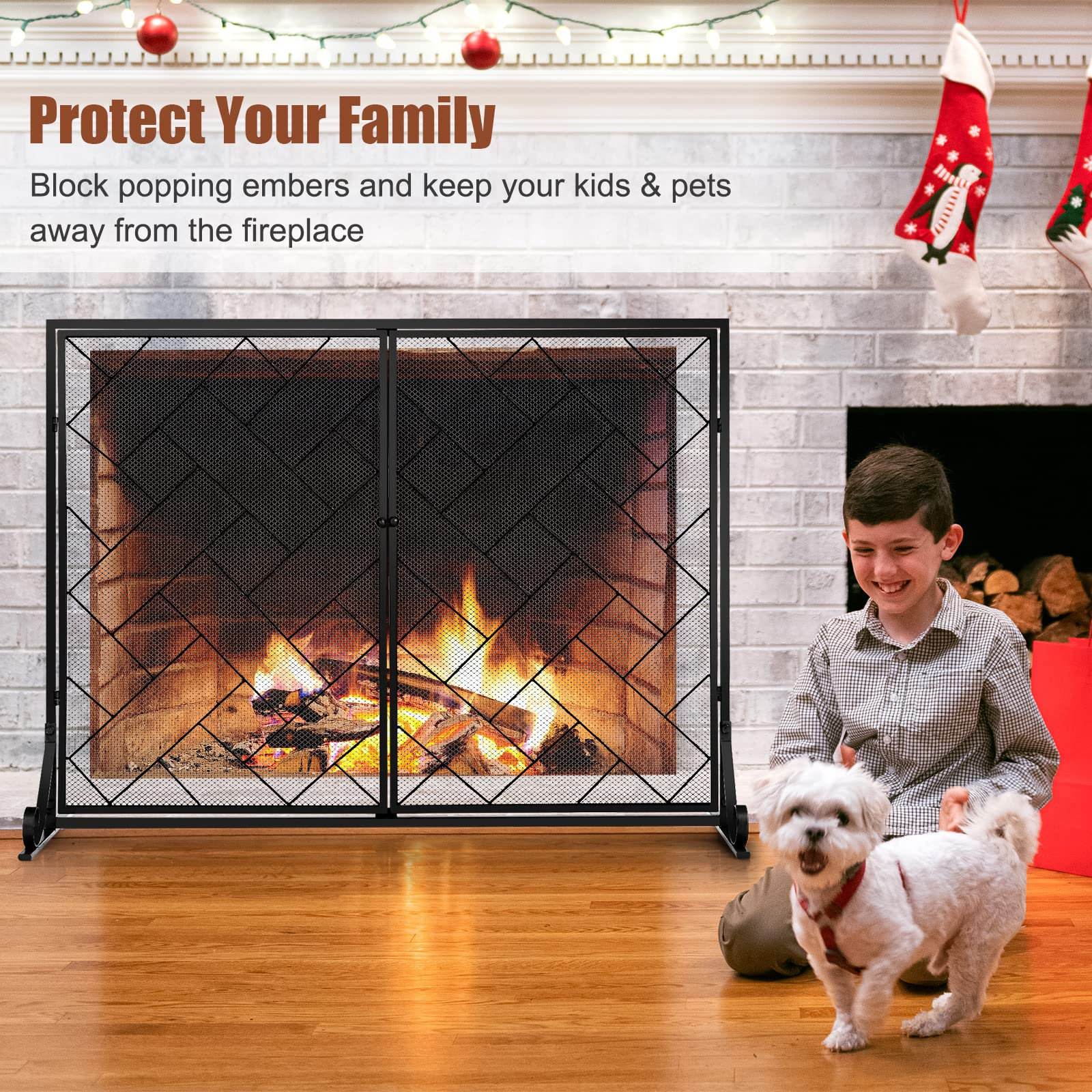 44.5 x 33.5 Inch Double-Door Fireplace Screen, 2-Panel Large Flat Wrought Metal Fire Spark Guard Gate Cover for Home