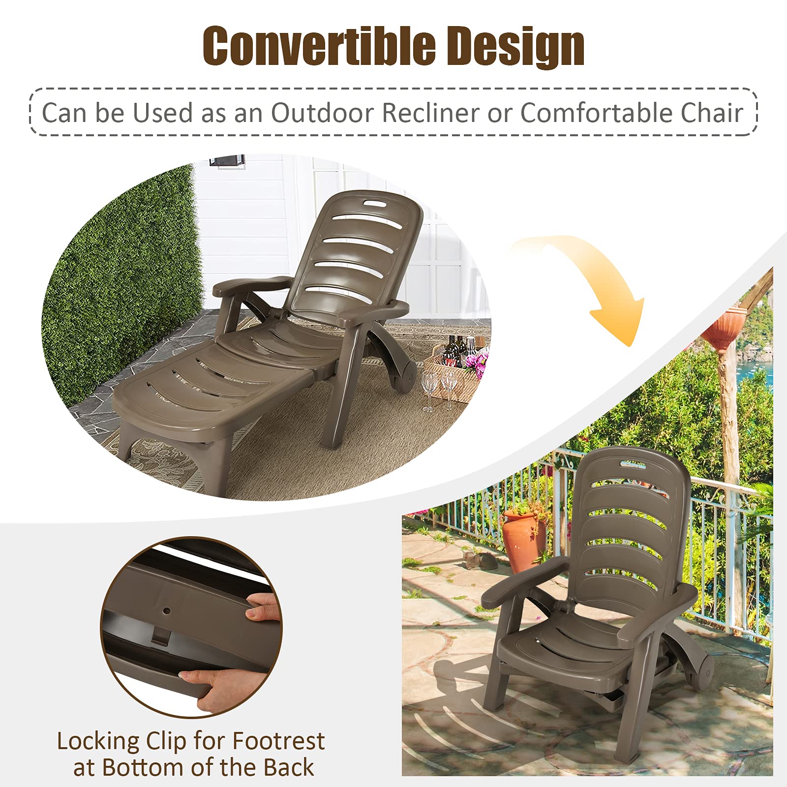 Outdoor Chaise Lounge Chair, Adjustable 5-Posistion Recliner Chair with Built-in Wheels