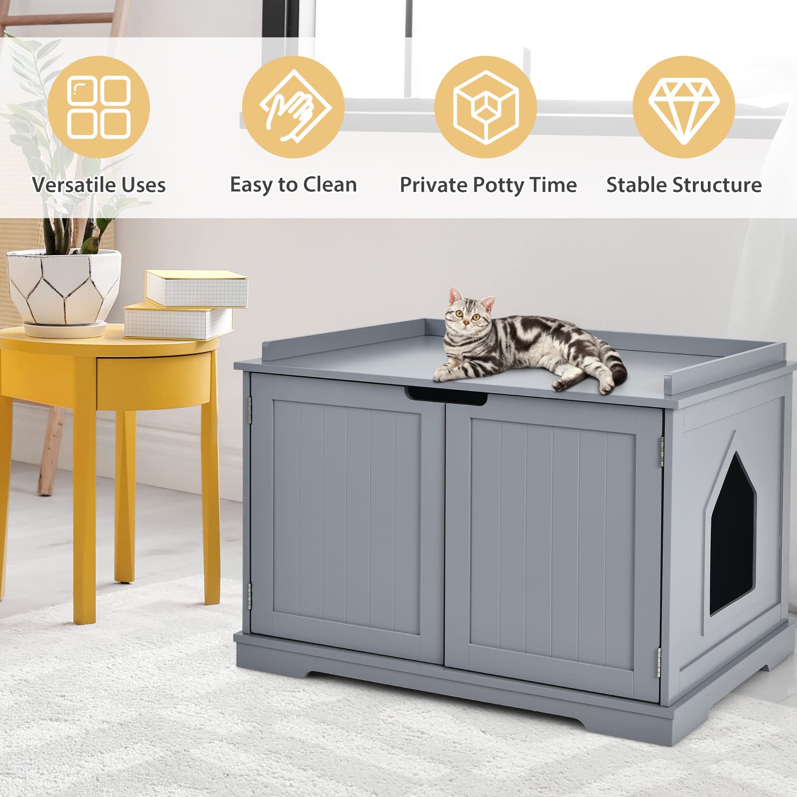 Tangkula Litter Box Enclosure, Cat Litter Box Furniture Hidden, Nightstand Pet House with Double Doors