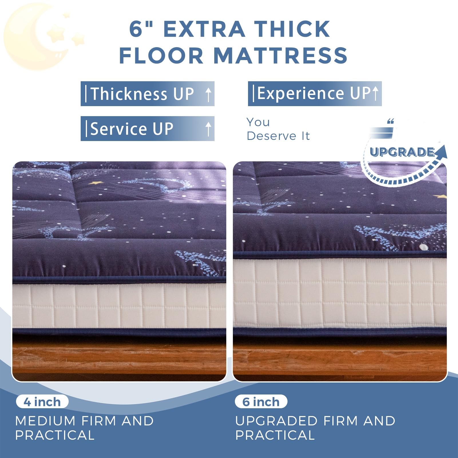 MAXYOYO 6" Extra Thick Futon Mattress Floor Mattress, Moon Star Pattern Tatami Pad Japanese Floor Mattress