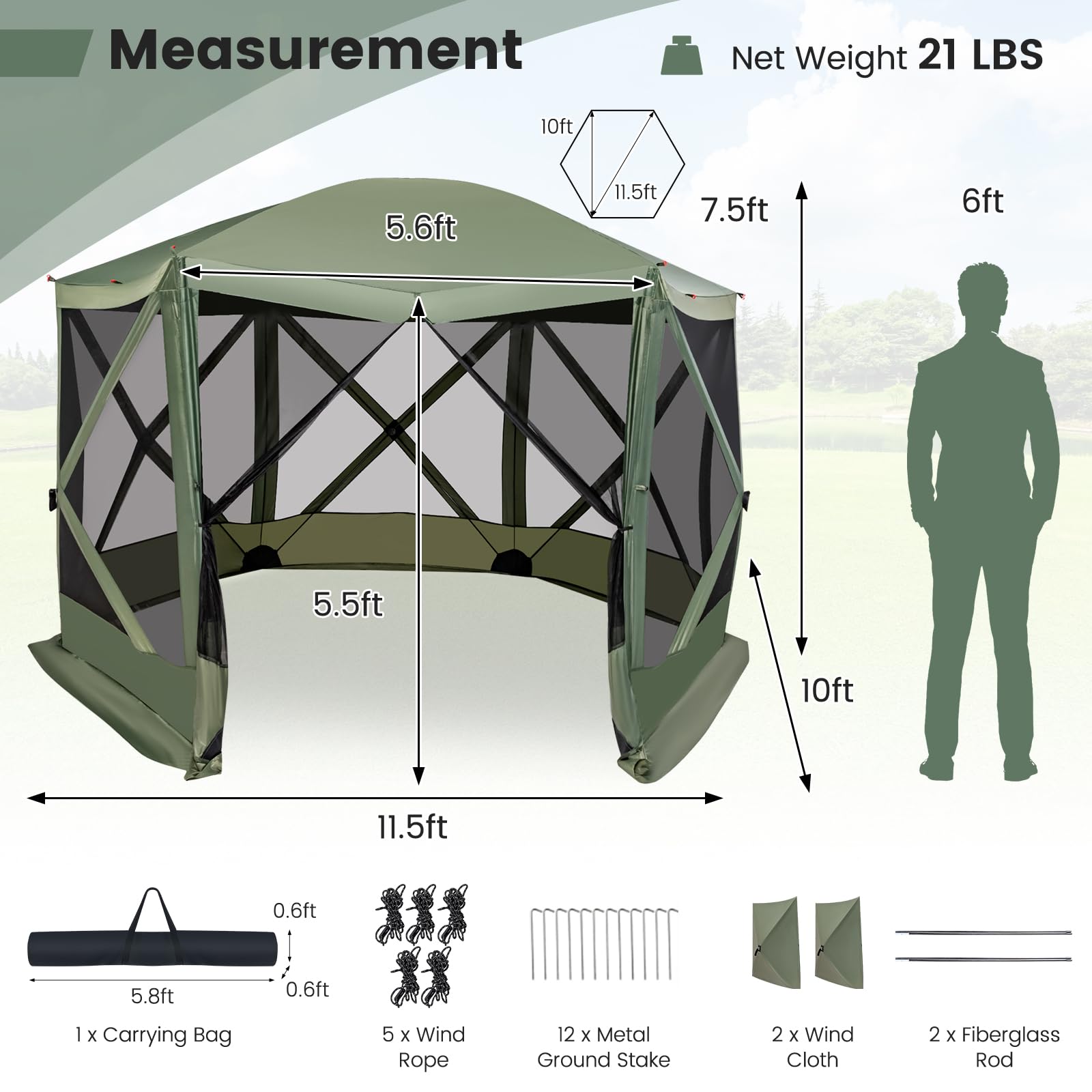 Tangkula 11.5x11.5 Ft Pop Up Gazebo with Netting, Portable Screen Tent with 6 Sided Mesh Walls