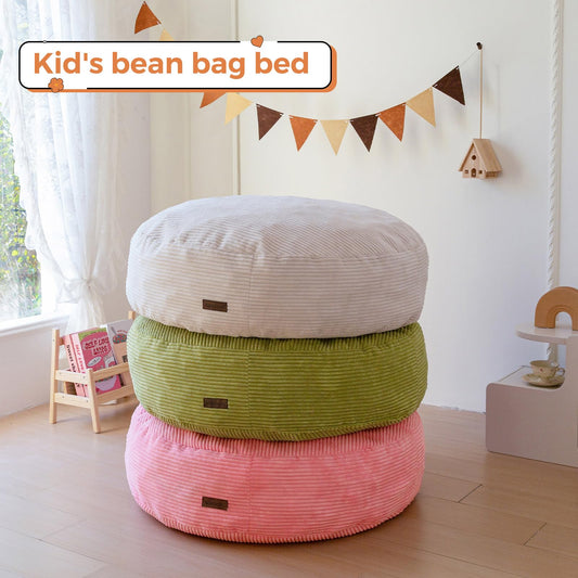 MAXYOYO 3-in-1 Kids Convertible Bean Bag Chair & Bed, Corduroy Round Child Floor Sofa for Gaming, Reading, Beige
