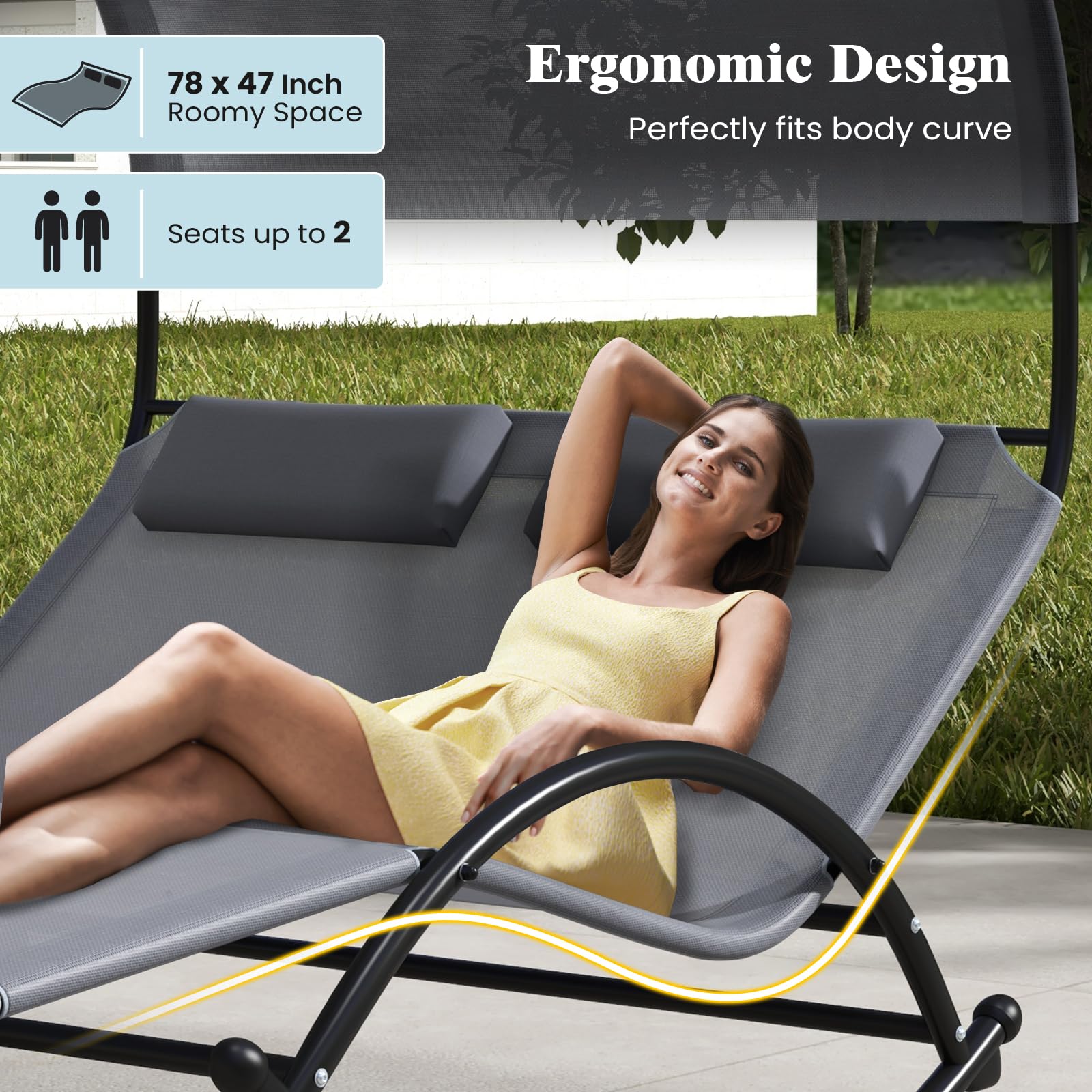 Tangkula 2 Person Lounge Chair with Adjustable Canopy, Outdoor Chaise Lounge with 2 Detachable Pillows (Gray)