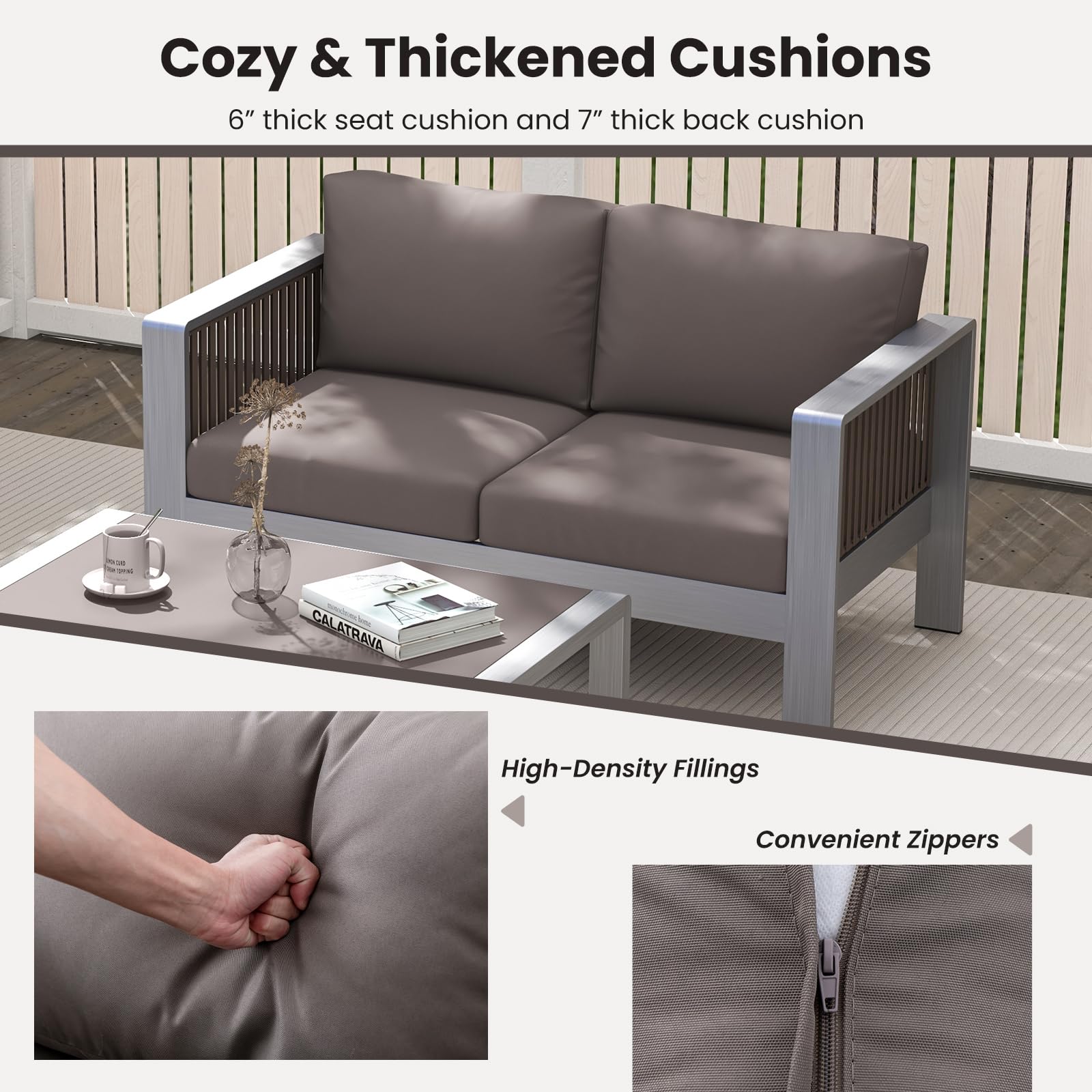 Tangkula Patio Aluminum Loveseat Sofa, Outdoor Furniture Set with Thick Back & Seat Cushions (Gray)