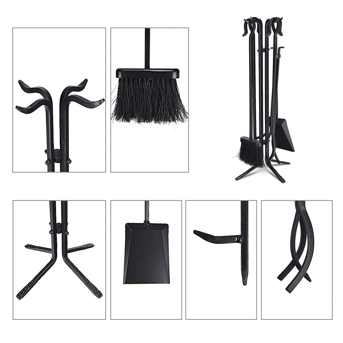 Tangkula 5 Pieces Fireplace Tools Wrought Iron Toolset 4 Tools & Decor Holder Indoor Outdoor Tong