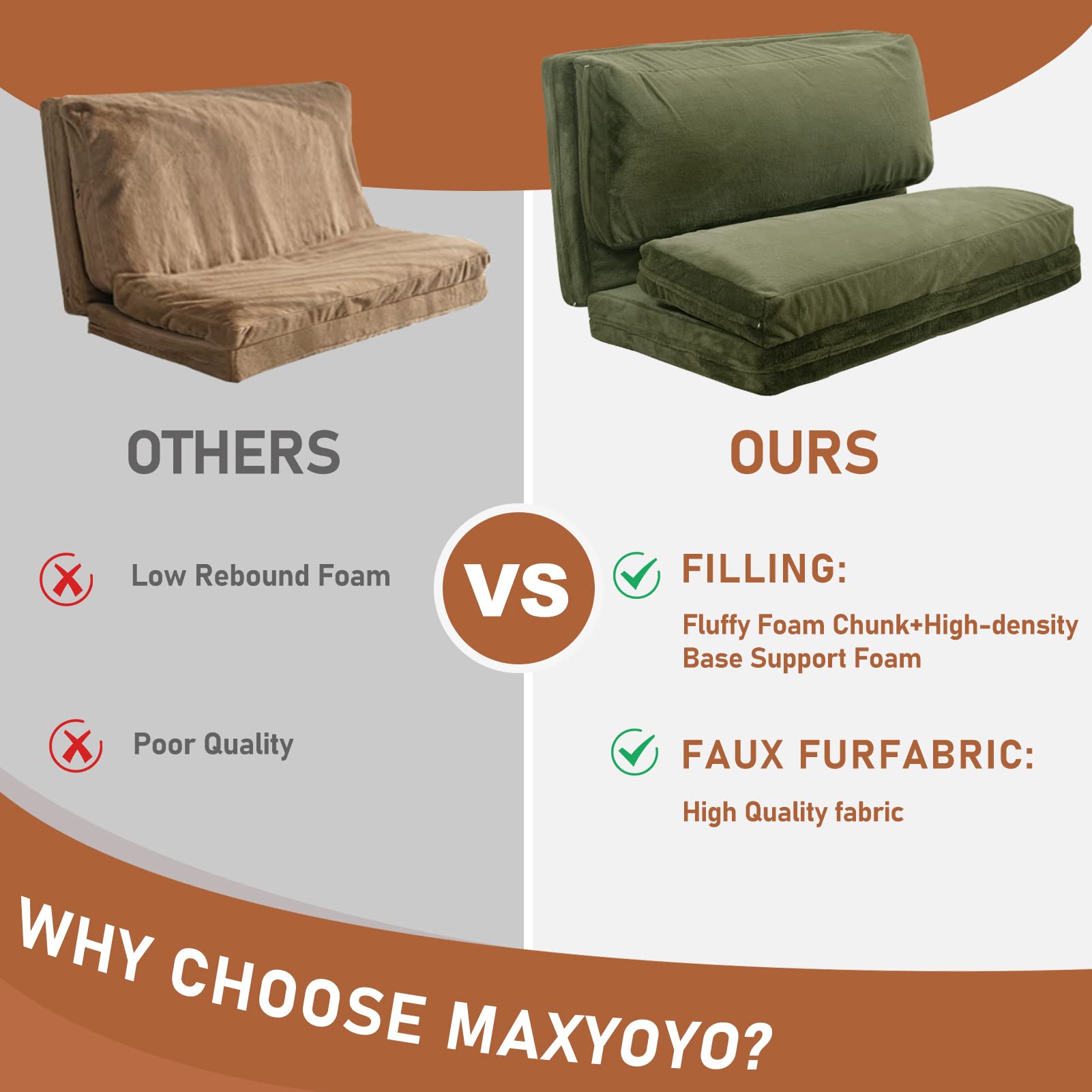 MAXYOYO Bean Bag Folding Sofa Bed, Floor Mattress Extra Thick Floor Sofa with Faux Fur Washable Cover, Green