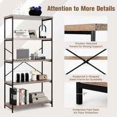 Tangkula 5-Tier Bookcase, Rustic Industrial Bookshelf