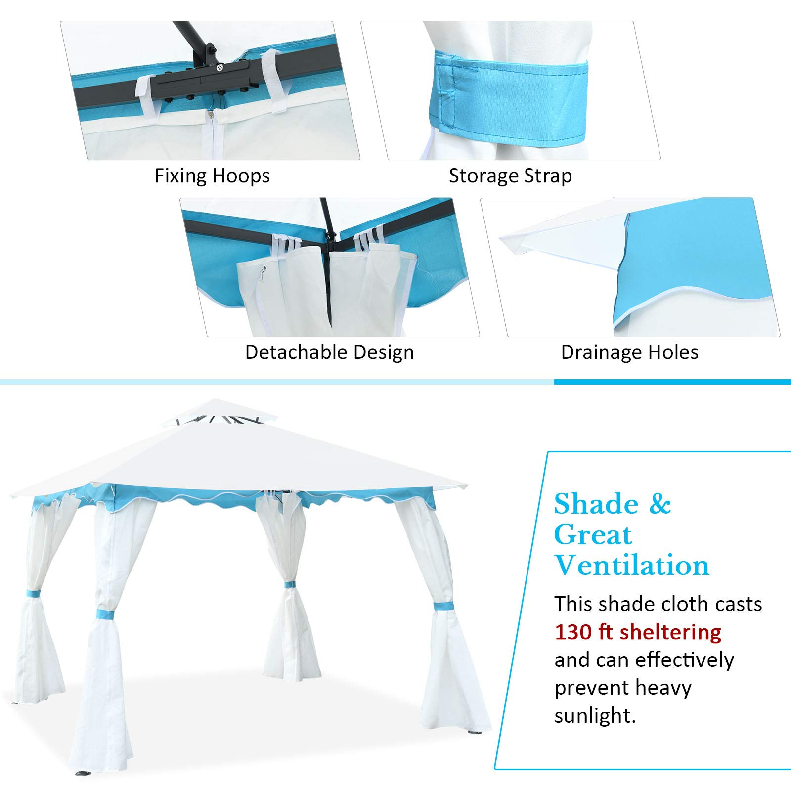 Tangkula 10 x 10 ft Patio Steel Gazebo, Outdoor Canopy Gazebo with Side Walls, Zippers, 2 Tier Vented Roof, Blue Trimming