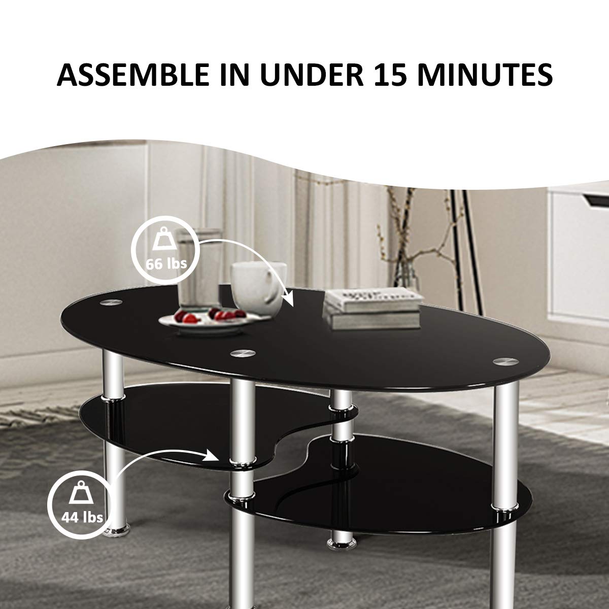 Glass Coffee Table, 2-Tier Modern Oval Smooth Glass Tea Table End Table