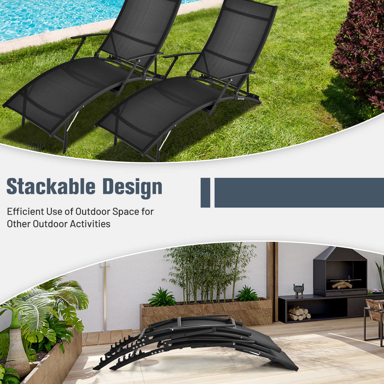 Tangkula Patio Chaise Lounge Set of 2, Outdoor Foldable and Stackable Chaise Lounge Chairs