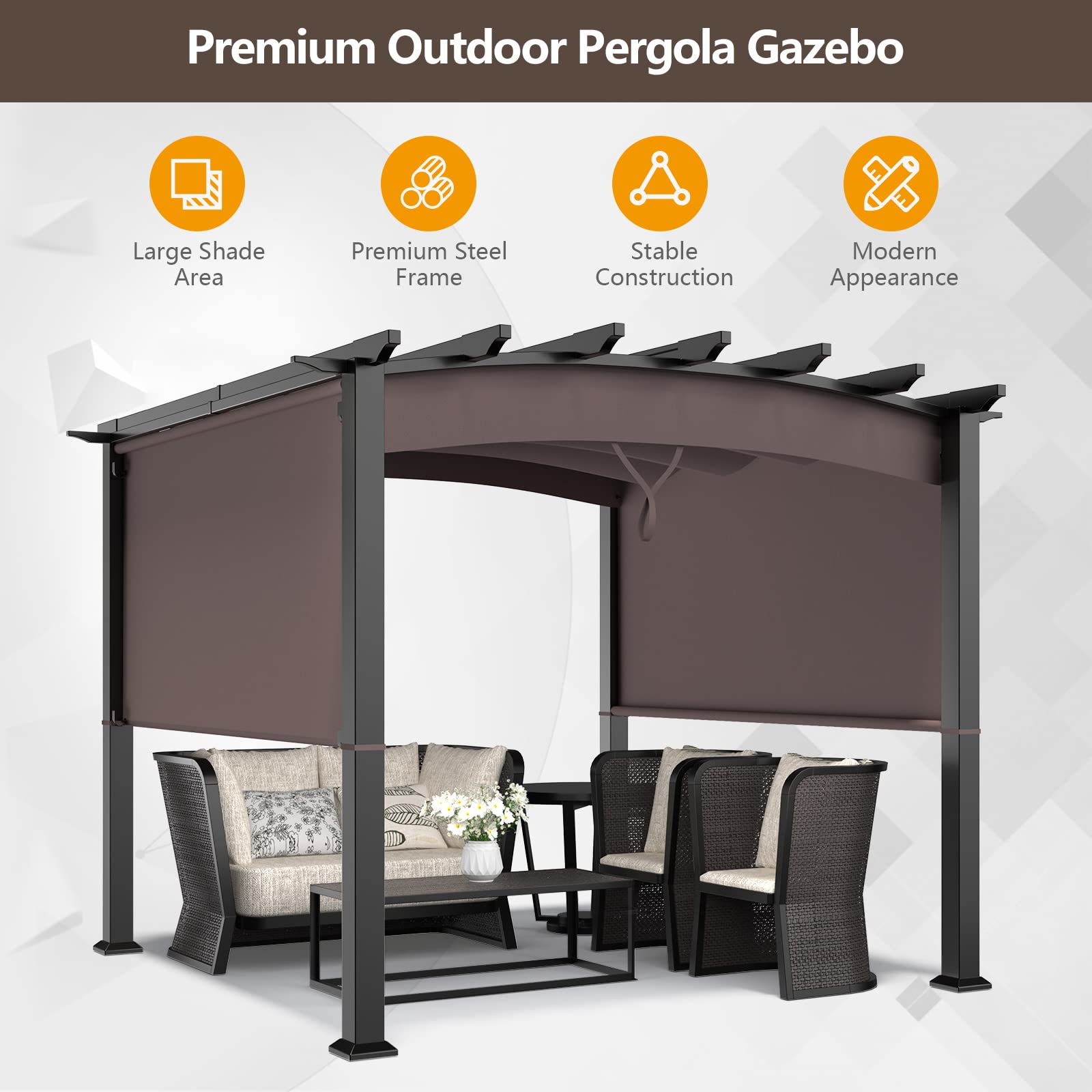 10ft x 10ft Outdoor Retractable Pergola, Patio Metal Pergola with Adjustable Sliding Sun Shade Canopy