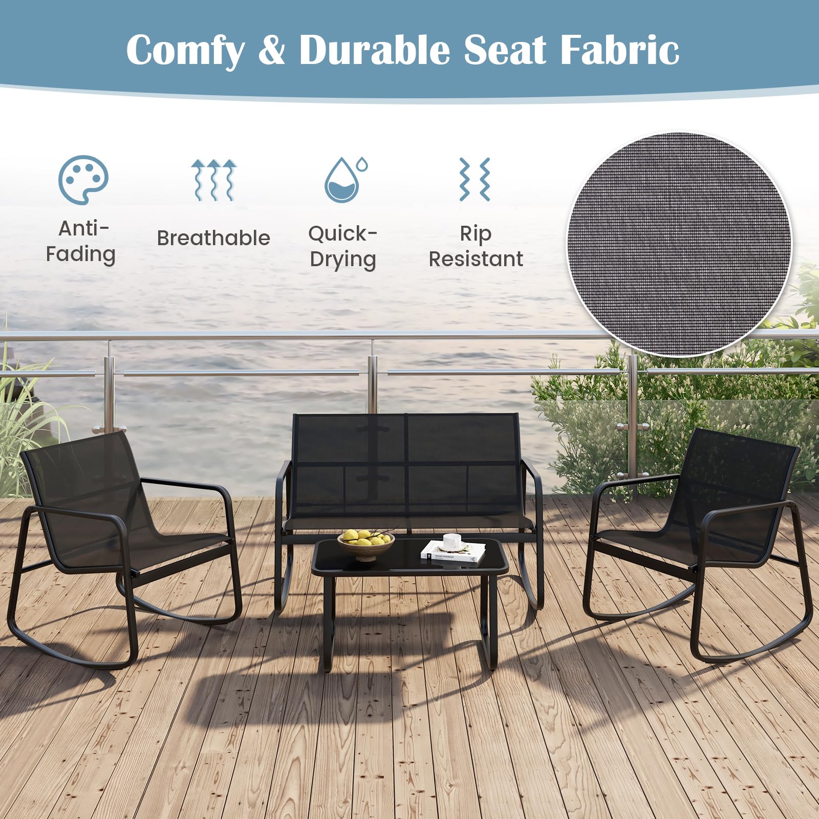 Tangkula 8 Piece Patio Rocking Set, 2 Rocking Chairs & Loveseat with Glass-Top Table