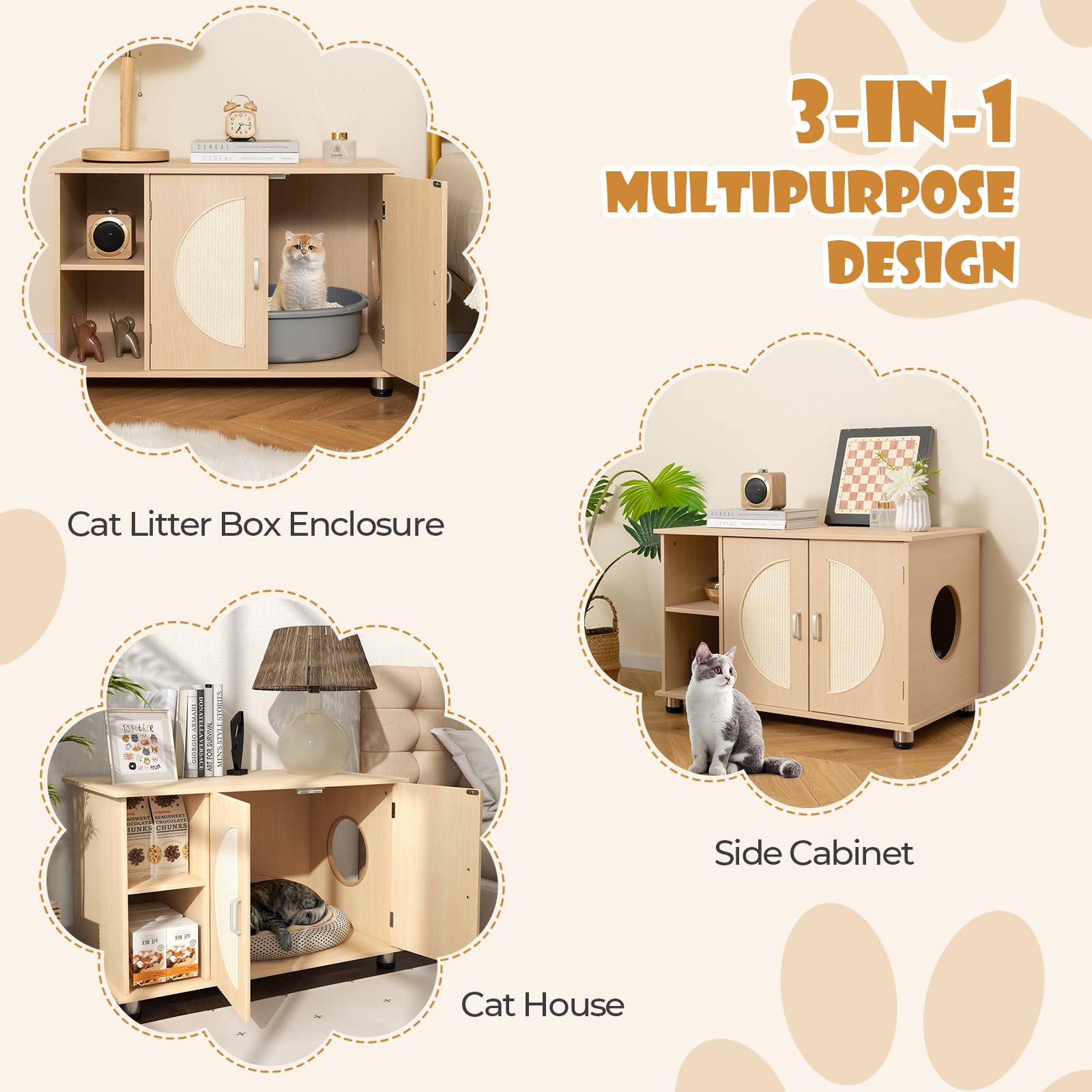 Tangkula Cat Litter Box Enclosure, Hidden Cat Washroom with Storage Shelf, Sisal Scratching Doors