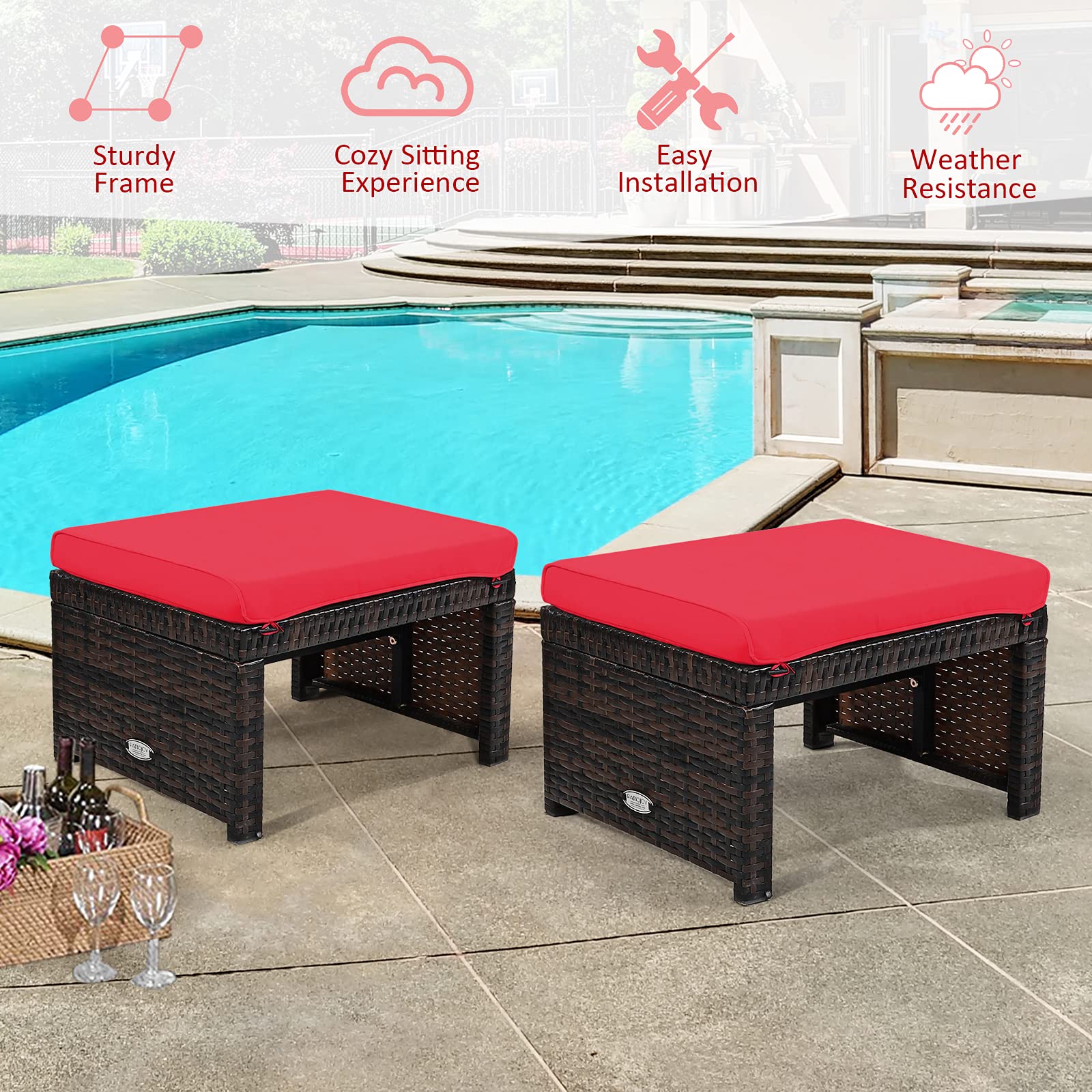 2 Pieces Patio Rattan Ottomans, All Weather Outdoor Footstool Footrest Seat with Soft Cushion